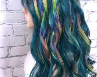 Mermaid Wig,Teal Wig, Human Hair Wig, Rainbow Wig, Rooted Wig, Lace Front Wig