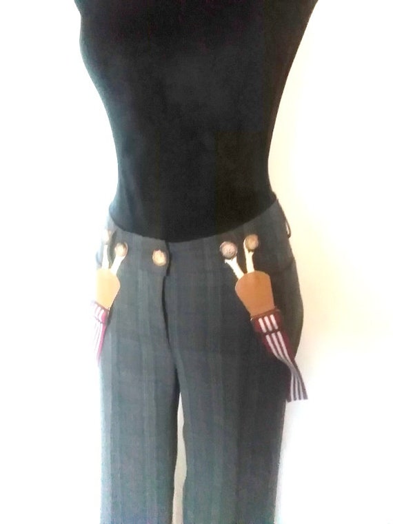 Raised waist checkered pants, girls suspender trou
