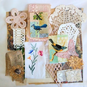 Diario basura forestal, Paquete textil, textil vintage, encaje vintage, tela de algodón, set para trabajo creativo, tapetes de ganchillo, Etiquetas de diario basura