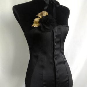 gothic style, gothic clothing, black corset with black flower, vintage corset, black with gold, halloween outfit, sexy corset