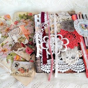 Paquete textil, textil vintage, encaje vintage, tela de algodón, set para trabajo creativo, Shabby Chic, tapetes de crochet, Junk Journal Tags