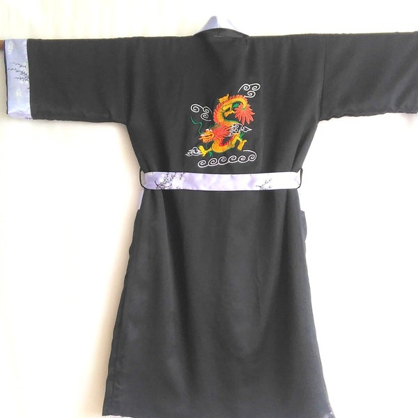 dragon kimono, black chinese men kimono robe, robe with dragon, double sided kimono robe with dragon, vintage men's black kimono