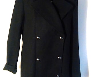 Military style, black women's coat, fabric coat, military jacket, 2-breasted, short vintage coat, good condition, free shipping