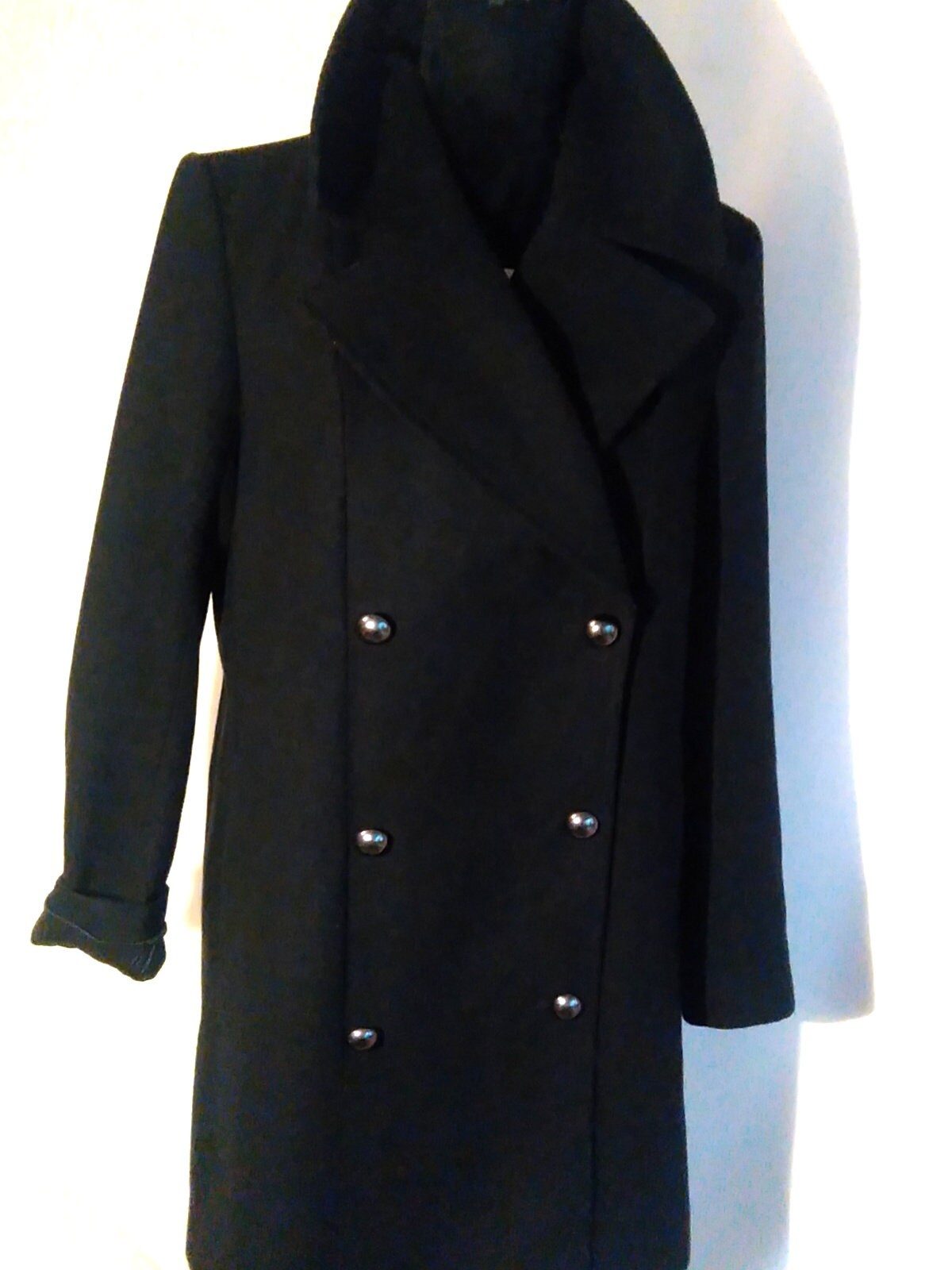 Military style, black women's coat, fabric coat, military jacket, 2-breasted, short vintage coat, good condition, free shipping