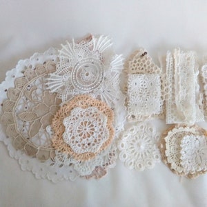 Lace scraps, slow stitch, cotton fabric scraps, junk journal fabric, creative journal, vintage lace bundle, lace kit, Vintage doilies