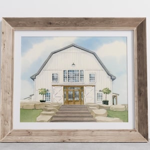 May include: Watercolor painting of a white barn with a wooden door and a set of stairs leading up to it. The barn is surrounded by green grass and rocks.