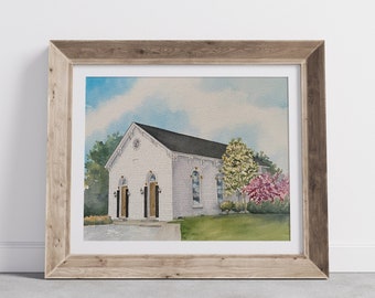 Custom Hand painted Watercolor Church Portrait, Wedding Venue Painting