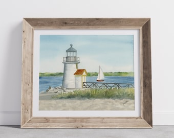 Nantucket Brant Point lighthouse wall art, watercolor lighthouse painting, Nantucket lighthouse illustration, wedding invitation coastal art