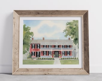 Buxton Inn watercolor wall art, Granville Ohio watercolor art print, Graduation gift, hand-painted watercolor  art, historic Ohio town