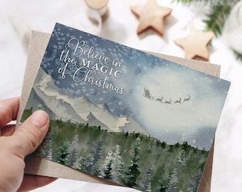 Watercolor Mountain Christmas Card, Santa and Reindeer