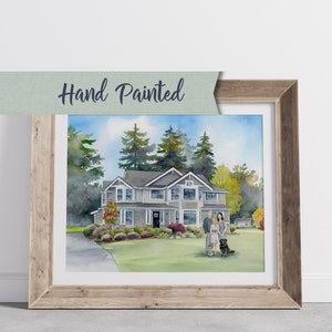 House portrait watercolor painting with family, hand painted House painting, custom portrait, Housewarming Gift, Mother's Day, Realtor gift image 2