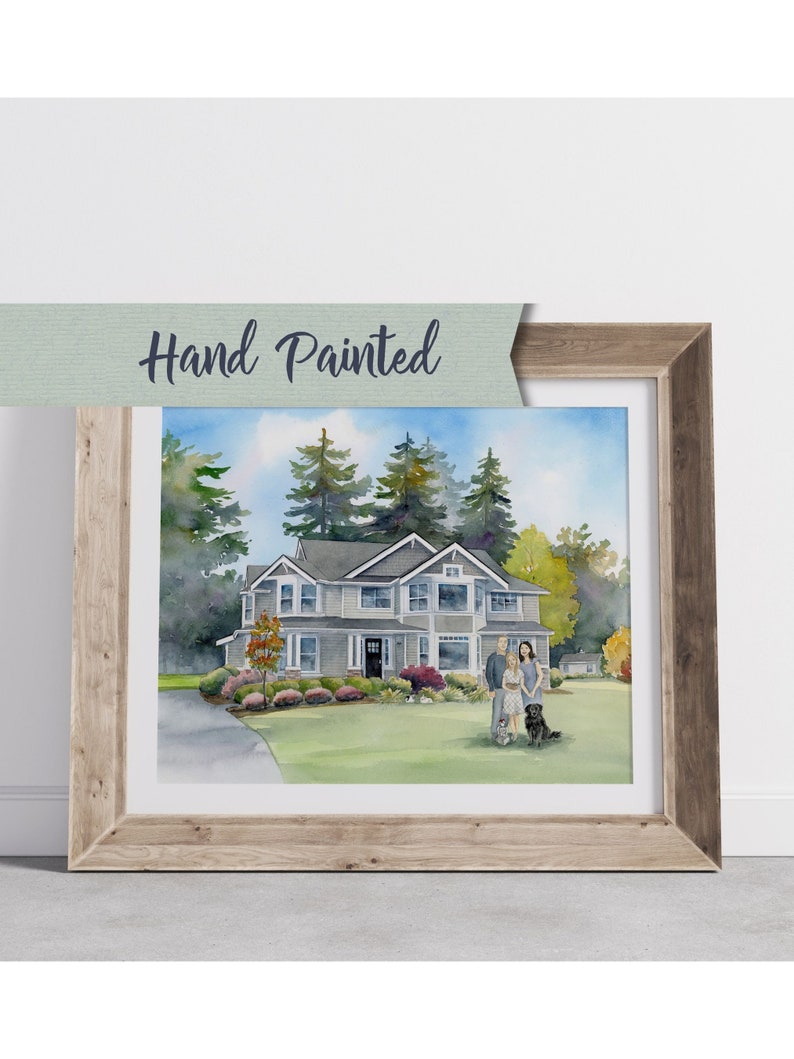 House portrait watercolor painting with family, hand painted House painting, custom portrait, Housewarming Gift, Mother's Day, Realtor gift image 2