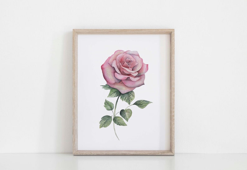 May include: A framed watercolor painting of a single pink rose with green leaves.