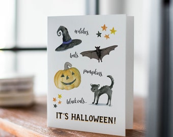 Watercolor Halloween Card | Witches, Bats, Pumpkins