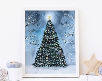 Watercolor Christmas Tree Art Print, Holiday Home Decor