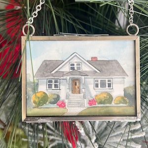 Framed Watercolor Home portrait Ornament,First New Home Christmas gift, Realtor Gift, House Painting, Christmas gift, Childhood Home gift