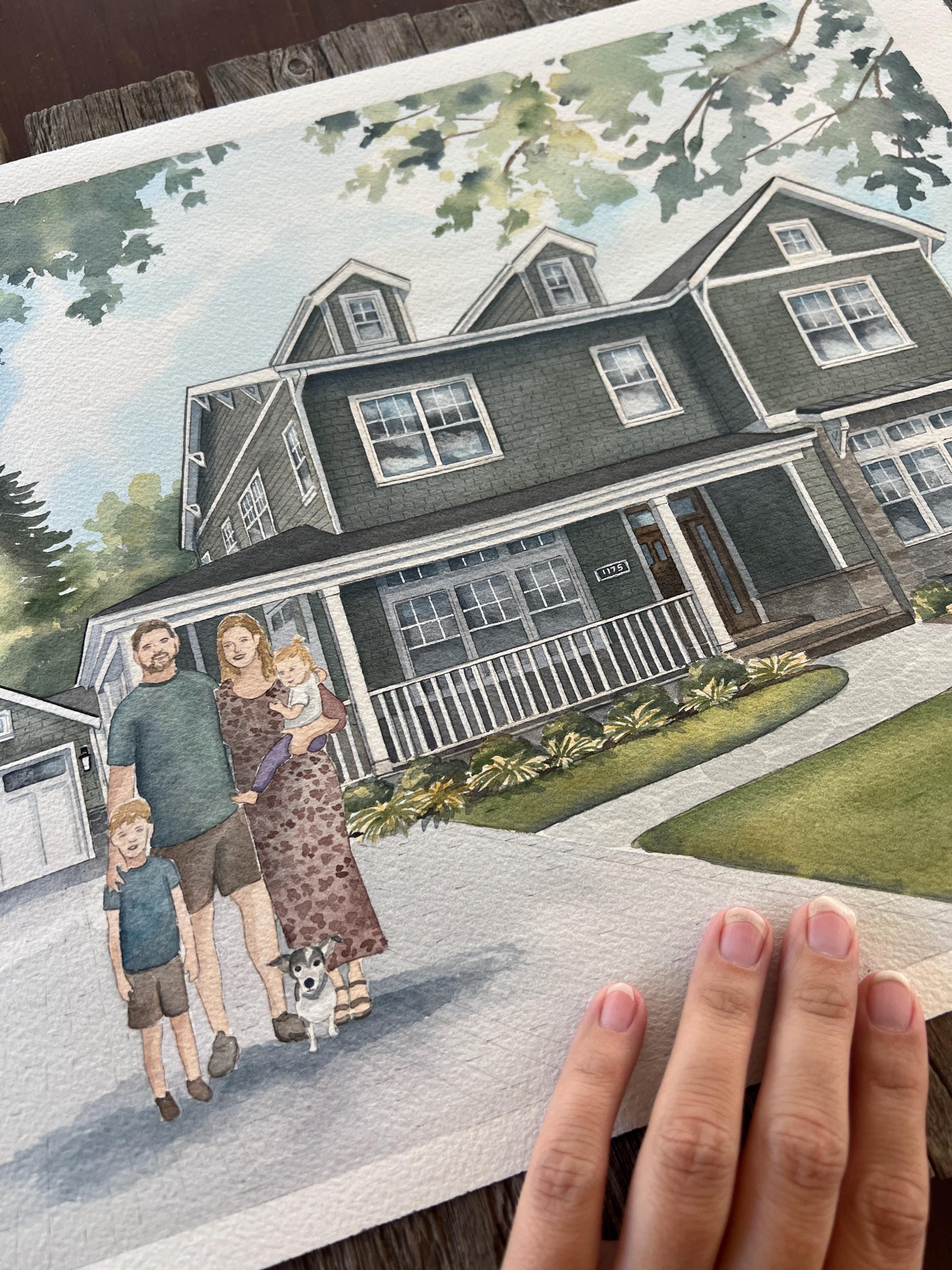 Custom Watercolor House Portrait With Family & Pets, Personalized Home ...