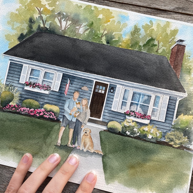 House portrait watercolor painting with family, hand painted House painting, custom portrait, Housewarming Gift, Mother's Day, Realtor gift image 6
