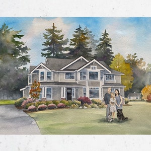 House portrait watercolor painting with family, hand painted House painting, custom portrait, Housewarming Gift, Mother's Day, Realtor gift image 1