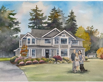 House portrait watercolor painting with family, hand painted House painting, custom portrait, Housewarming Gift, Mother's Day, Realtor gift