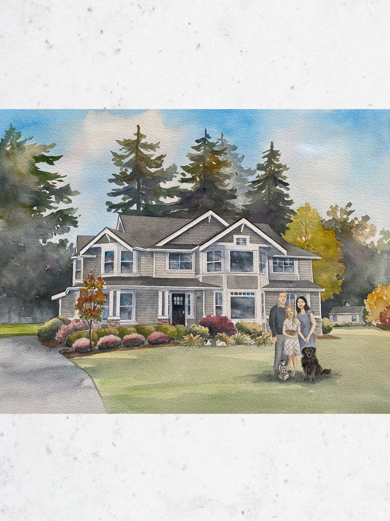 House portrait watercolor painting with family, hand painted House painting, custom portrait, Housewarming Gift, Mother's Day, Realtor gift image 1