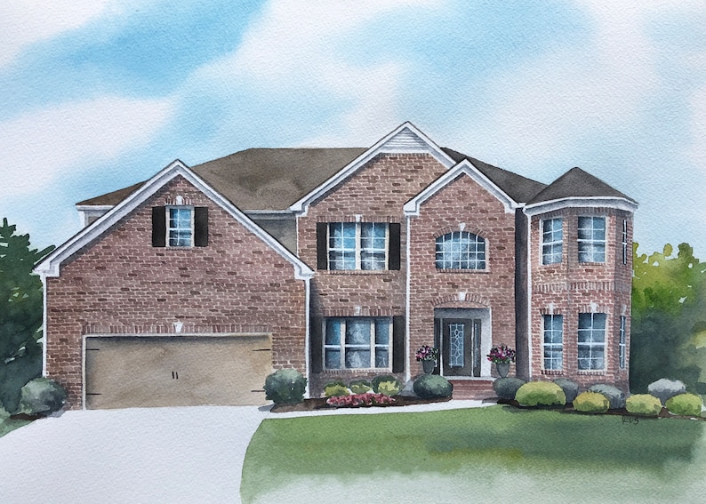 A watercolor painting of a red brick home with black shutters. The home has beautiful landscape with greenery and pink flowers. Two flowerpots sit on the steps at the front door.