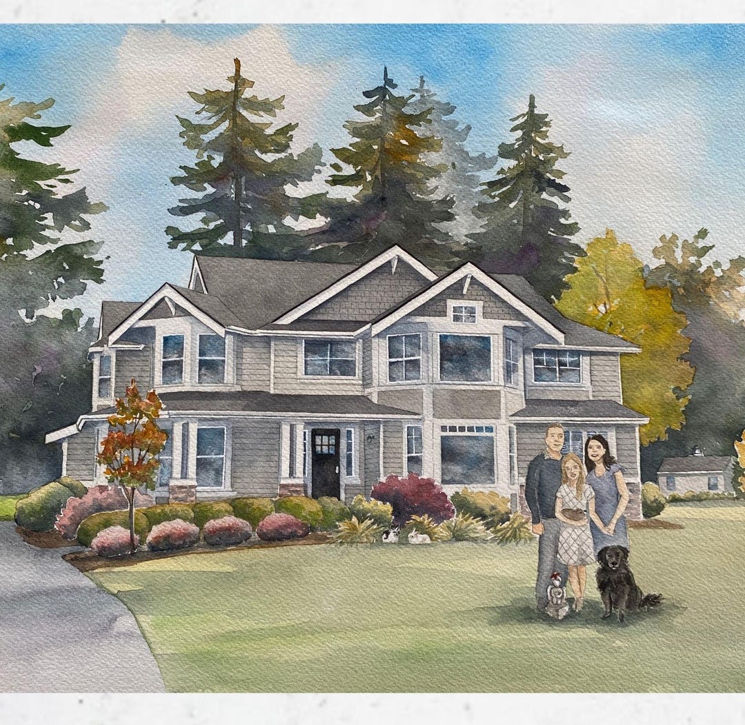 Custom Watercolor House Portrait With Family & Pets, Personalized Home ...