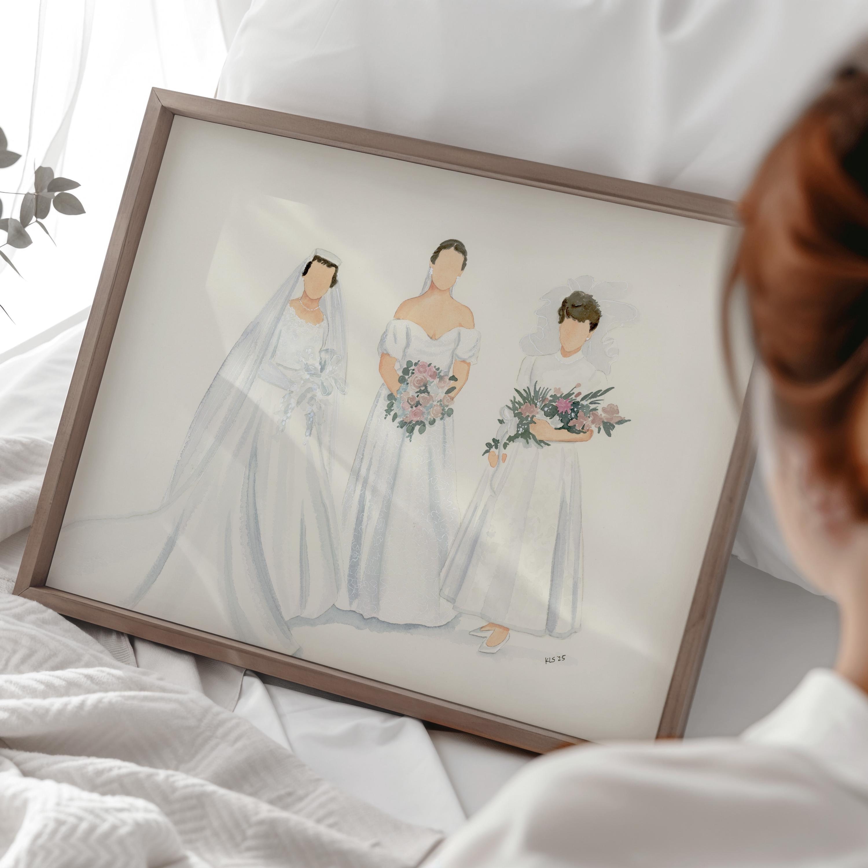 Custom watercolor wedding portrait, generational bridal painting, mother of the bride gift, personalized Wedding keepsake gift, illustration