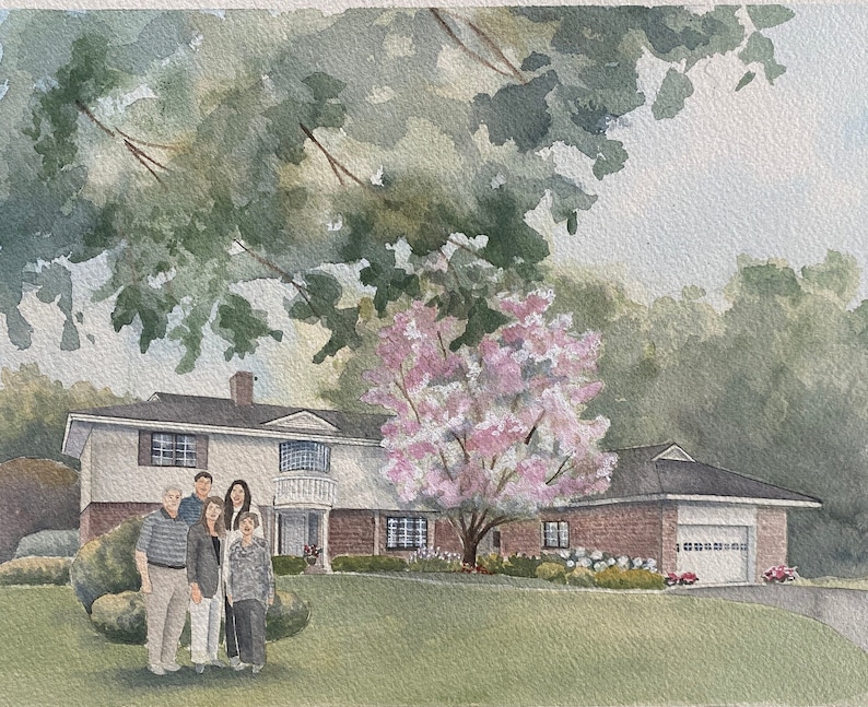 House portrait watercolor painting with family, hand painted House painting, custom portrait, Housewarming Gift, Mother's Day, Realtor gift image 10