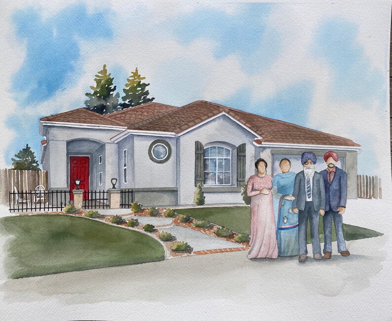 House portrait watercolor painting with family, hand painted House painting, custom portrait, Housewarming Gift, Mother's Day, Realtor gift image 7