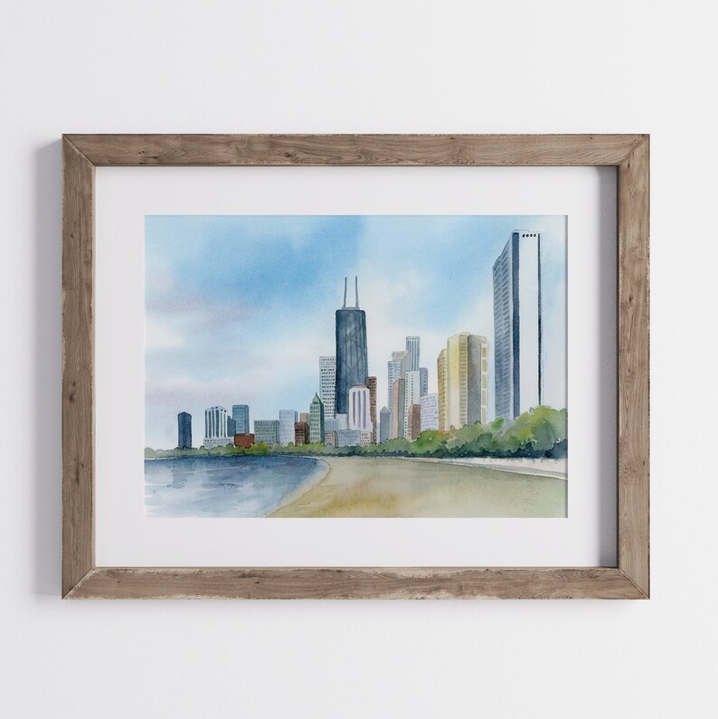 Chicago Skyline Watercolor Wall Art Chicago City Print Etsy