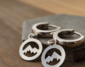 Mountain Huggies, Dangle Earrings, Nature Earrings, Mountain Hinged Earrings, Mountain Scene, Hiker Jewelry, Hinged Hoops
