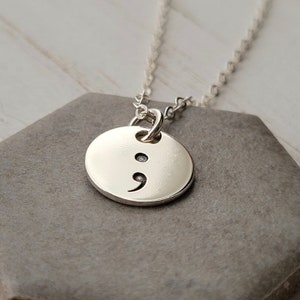 Sterling Silver Semi Colon Necklace, Suicide Depression Awareness, Engravable Gifts