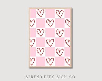 Valentine Prints, Checkered Wall Art, Valentines Printable Wall Art, Heart Print, Modern Valentines, Pink Heart Print, Retro Valentines