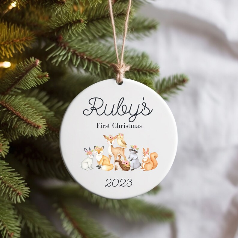 First Christmas Woodland Creatures Ornament, Baby Ornament, Woodland Creatures, New Parents Ornament, Baby's 1st Christmas Ornament image 1