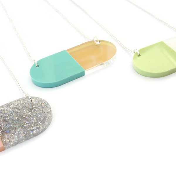 Pill necklace, acrylic pendant, laser cut sparkly jewellery