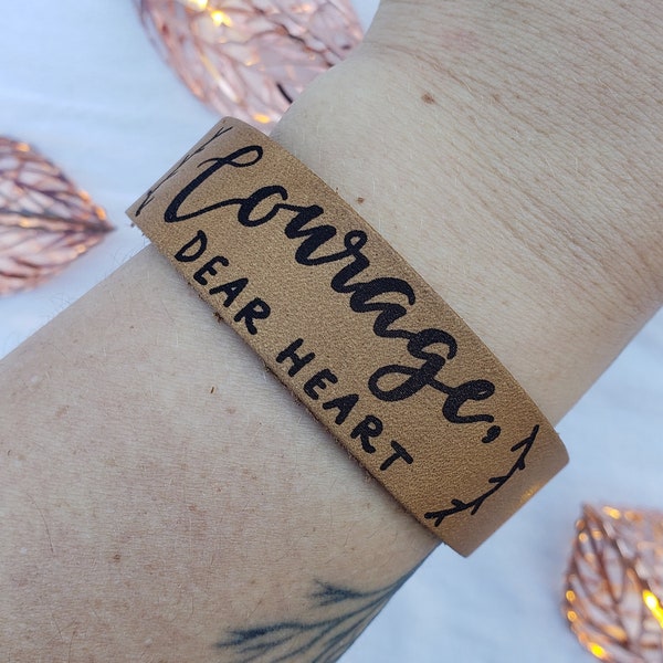 Leather Burned Cuff Bracelet || Courage Dear Heart || FREE Shipping || Inspirational Jewelry || Chronicles of Narnia || CS Lewis quote