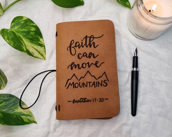 Engraved Leather Travel Journal | Faith Can Move Mountains | Matthew 17:20 | Encouraging gift