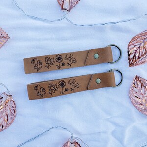 Leather Burned Key Fob Floral Keychain Wristlet Christmas Gifts for Her Gift for Flower Lover Minimalistic Keychain image 2