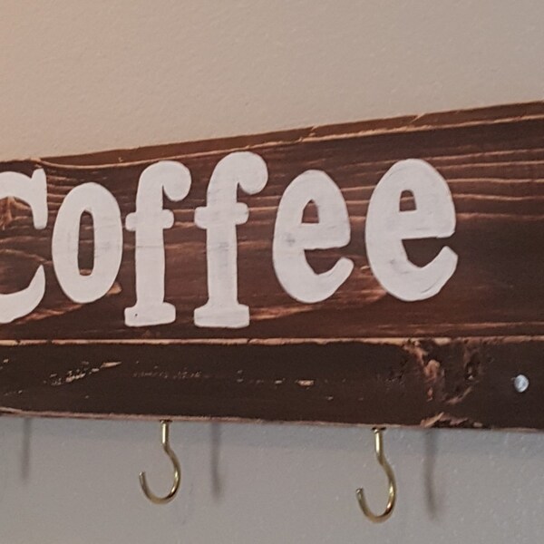 SALE Reclaimed wood distressed brown hanging coffee sign with hooks-kitchen storage-coffee cup holder-kitchen and dining WAS 29.99 NOW 24.50