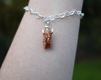 Sterling Silver Highland Cow Charm Bracelet: Enamelled Copper Scottish Jewelry