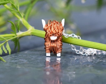 Handgefertigte Sterling Silber Highland Kuh Halskette: Emaille-Kupferdraht-Anhänger