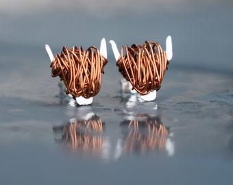 Handcrafted Highland Cow Stud Earrings: Copper Wire & Sterling Silver
