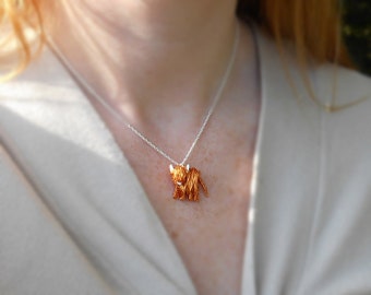 Sterling Silver Highland Cow Necklace: Enamelled Copper Scottish Jewelry