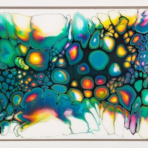 Ingelijst origineel vloeibaar acrylschilderij met glanzende afwerking - door Maria Brookes - ca. 945 mm x 680 mm met een zwevend houten frame.