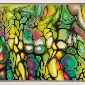 Ingelijst origineel vloeibaar acrylschilderij met glanzende afwerking - door Maria Brookes - ca. 1132 mm x 755 mm met een zwevend houten frame.