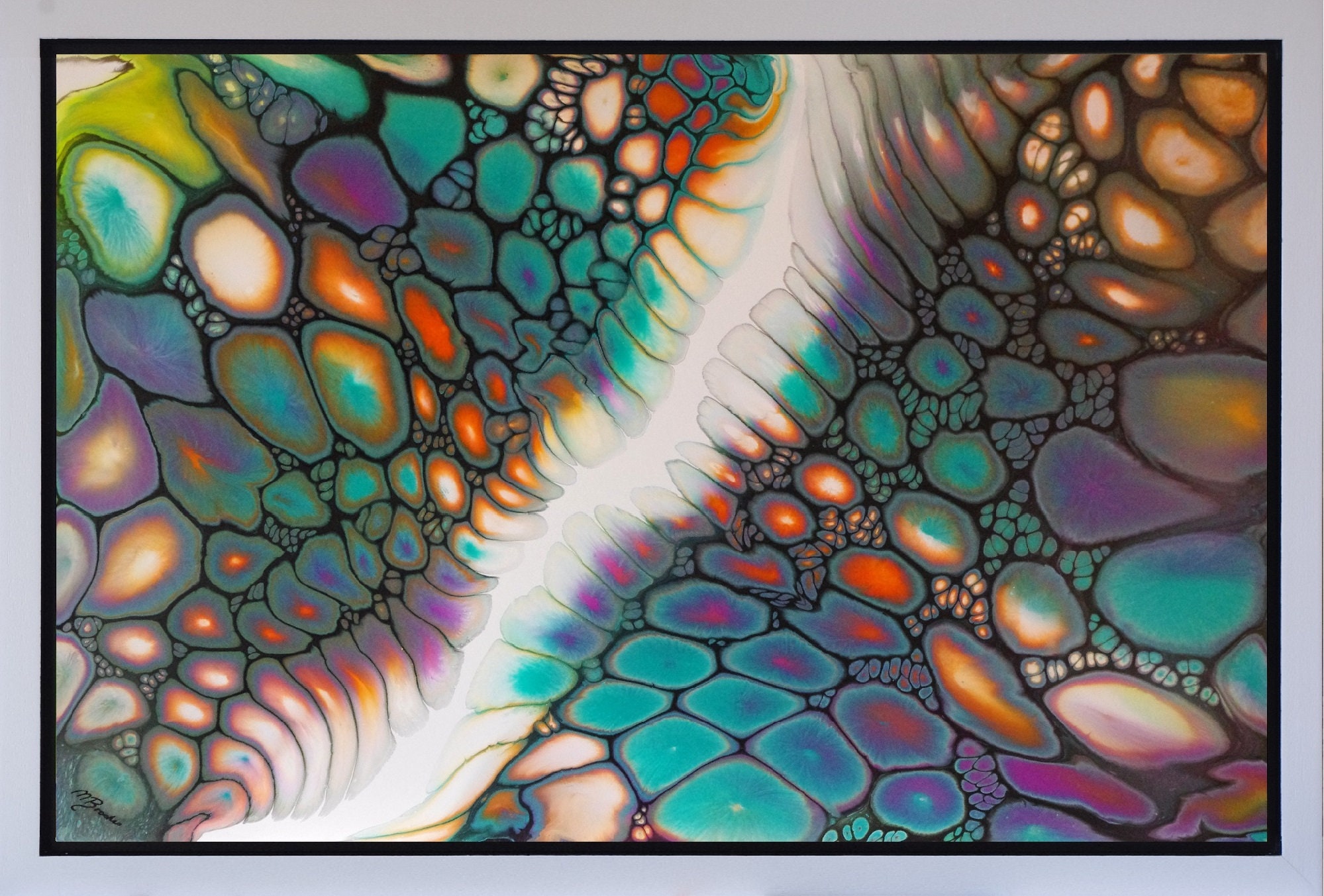 Framed Fluid Acrylic Painting Pour Art Modern Abstract Contemporary Cells  Resin Finish by Maria Brookes 970 X 660 Mm 38 X 26 Inches 