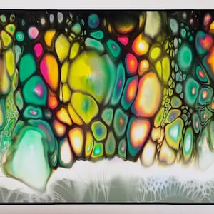 Sfeer - ingelijste vloeibare acrylverf met gigantische cellen - glanzende vernisafwerking - door Maria Brookes - 970 mm x 675 mm