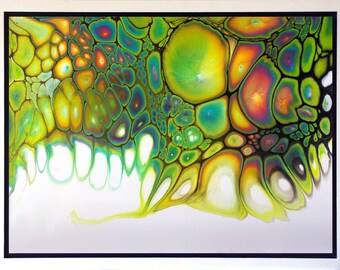 Framed Original Fluid Acrylic Pour- Abstract Modern Contemporary Art with Cells and Resin Finish - 844 mm x 637 mm