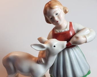 5001 Very Rare Gerold Porzellan Porcelain Figurine Girl Bottle Feeding a Fawn